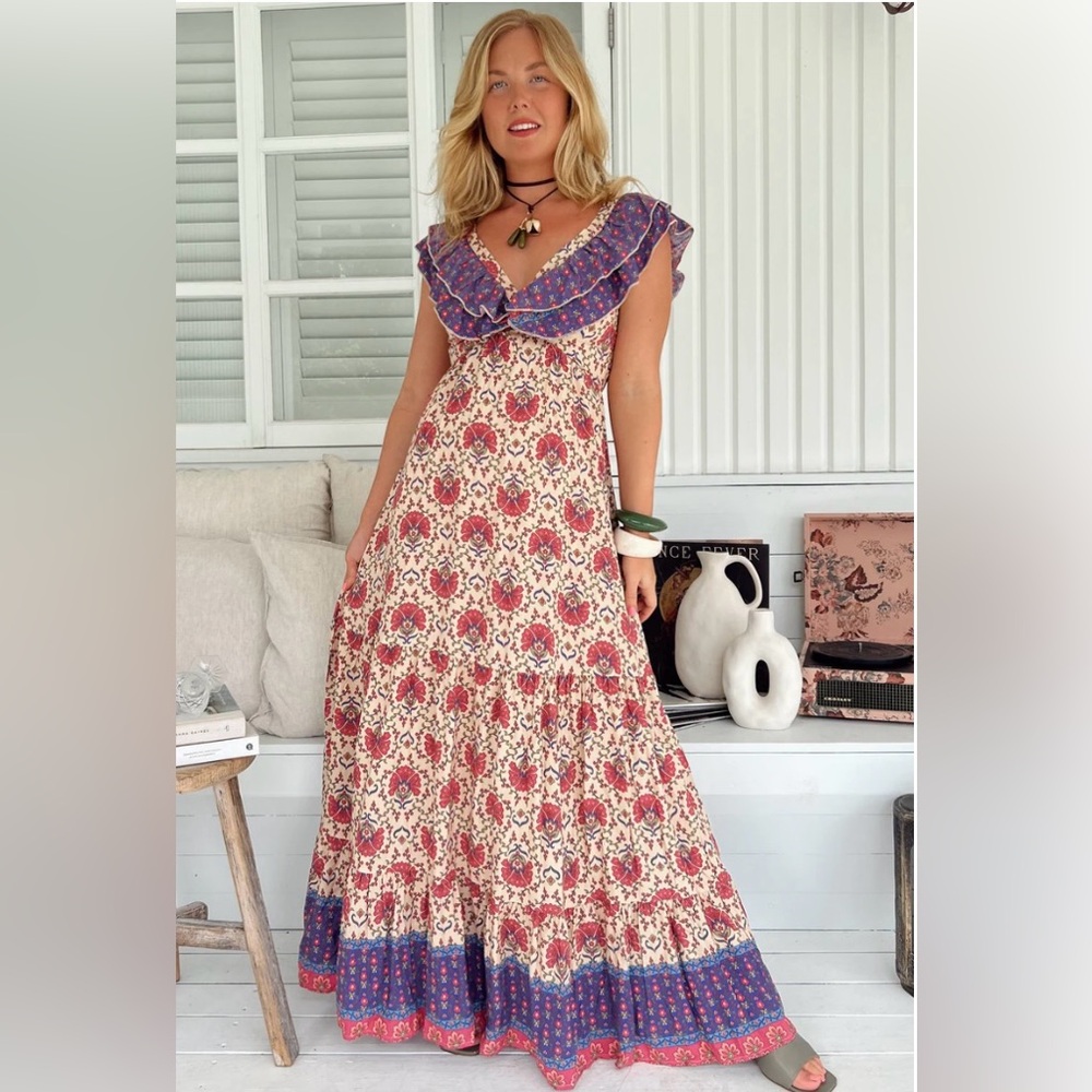 NWT Jaase Maxi Dress Frill Neckline A-Line Maxi Dress in Bohemia Print